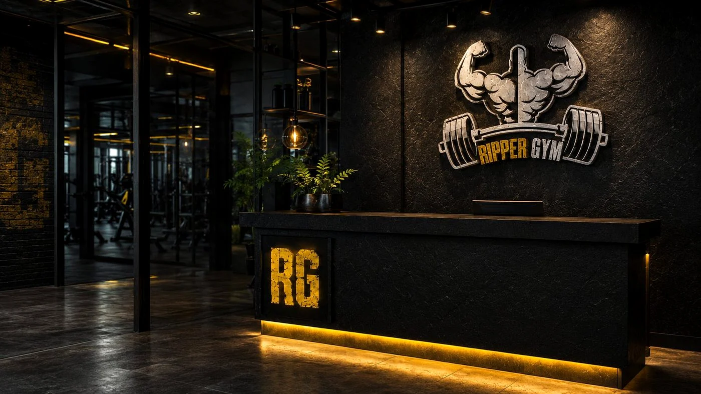 Recepción Ripper Gym con logo iluminado
